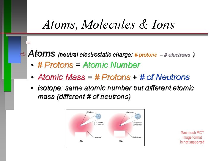 Atoms, Molecules & Ions ð Atoms (neutral electrostatic charge: # protons • • = Atoms, Molecules & Ions ð Atoms (neutral electrostatic charge: # protons • • =
