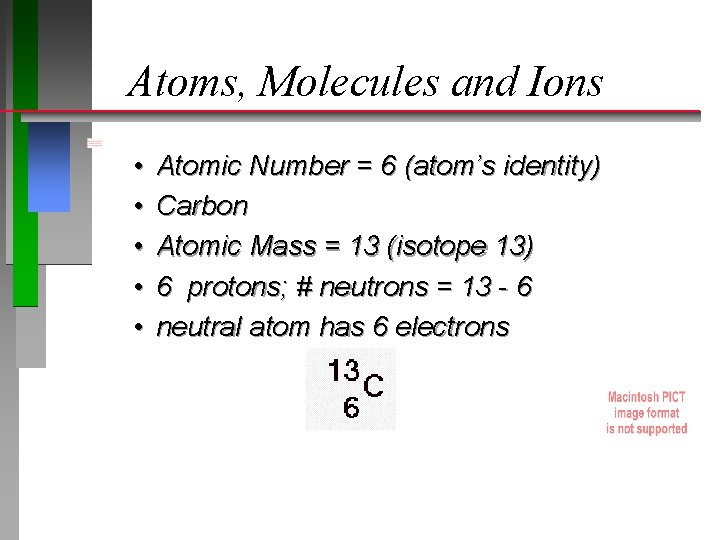 Atoms, Molecules and Ions • • • Atomic Number = 6 (atom’s identity) Carbon