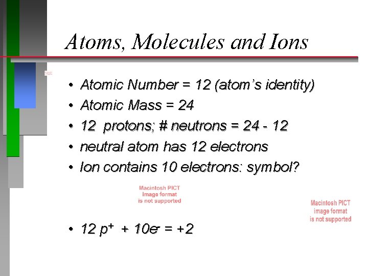 Atoms, Molecules and Ions • • • Atomic Number = 12 (atom’s identity) Atomic