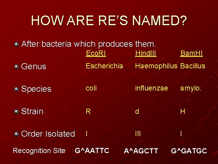 HOW ARE RE’S NAMED? After bacteria which produces them. Eco. RI Hind. III Genus