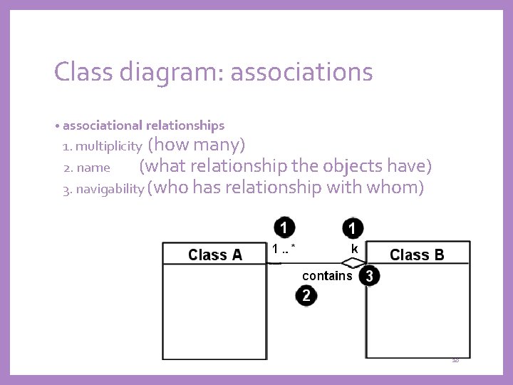 Class diagram: associations • associational relationships (how many) 2. name (what relationship the objects