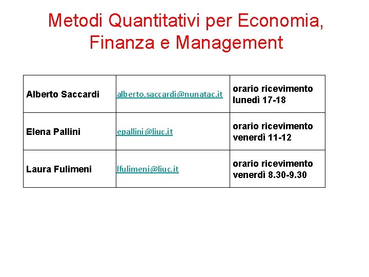 Metodi Quantitativi per Economia, Finanza e Management Alberto Saccardi alberto. saccardi@nunatac. it orario ricevimento