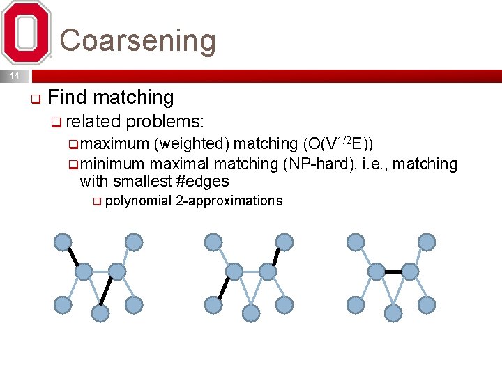 Coarsening 14 q Find matching q related problems: q maximum (weighted) matching (O(V 1/2