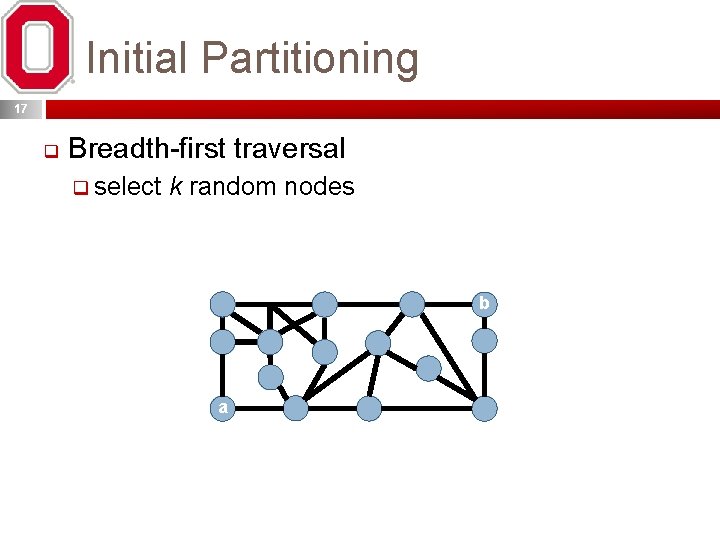 Initial Partitioning 17 q Breadth-first traversal q select k random nodes b a 