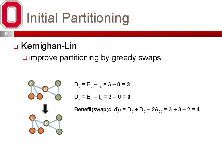 Initial Partitioning 18 q Kernighan-Lin q improve partitioning by greedy swaps c d Dc