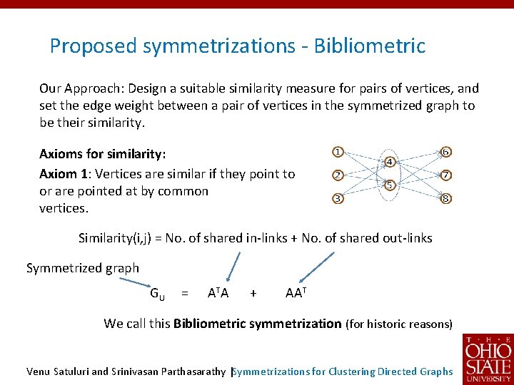 Proposed symmetrizations - Bibliometric Our Approach: Design a suitable similarity measure for pairs of