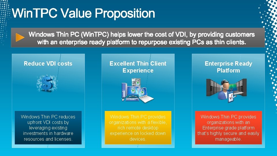 Reduce VDI costs Excellent Thin Client Experience Enterprise Ready Platform Windows Thin PC reduces