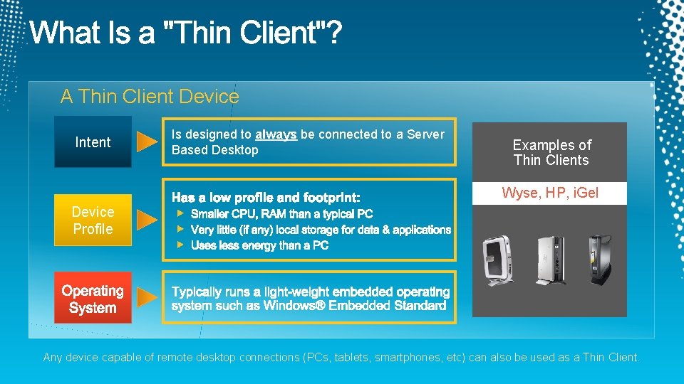 A Thin Client Device Intent Is designed to always be connected to a Server