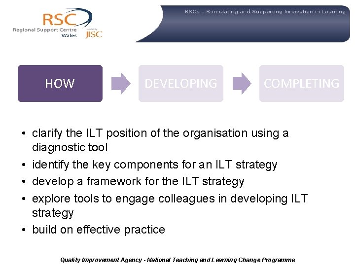  HOW DEVELOPING COMPLETING • clarify the ILT position of the organisation using a