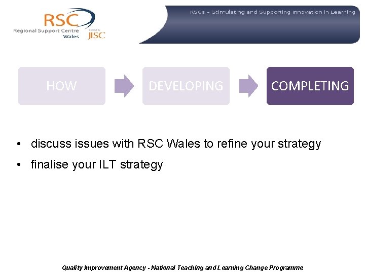  HOW DEVELOPING COMPLETING • discuss issues with RSC Wales to refine your strategy