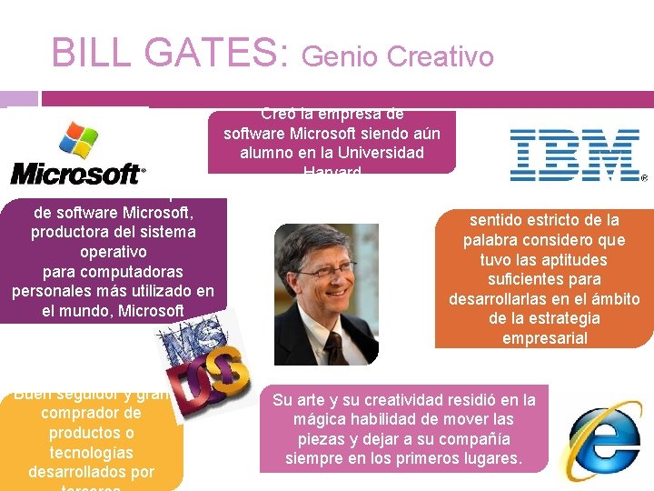 BILL GATES: Genio Creativo Creó la empresa de software Microsoft siendo aún alumno en