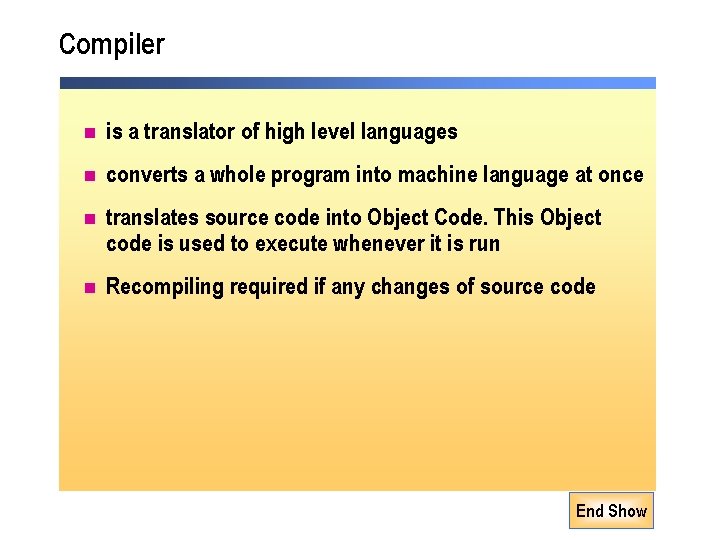 Compiler n is a translator of high level languages n converts a whole program