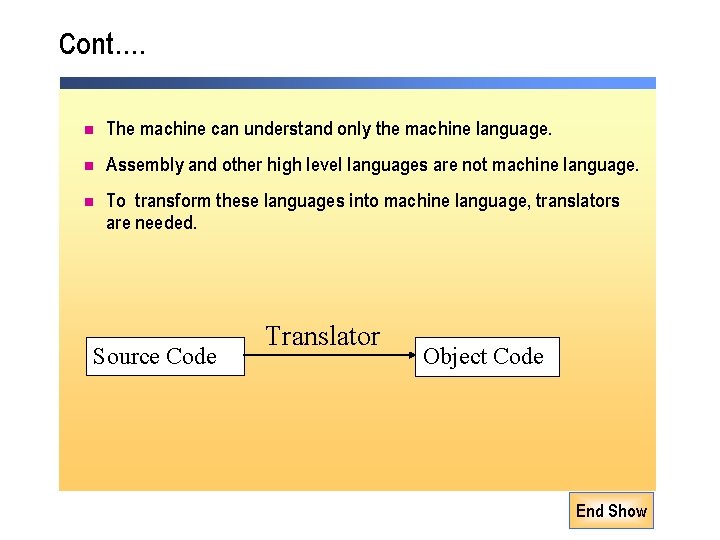 Cont…. n The machine can understand only the machine language. n Assembly and other