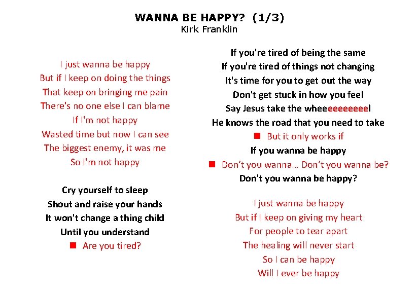 WANNA BE HAPPY? (1/3) Kirk Franklin I just wanna be happy But if I