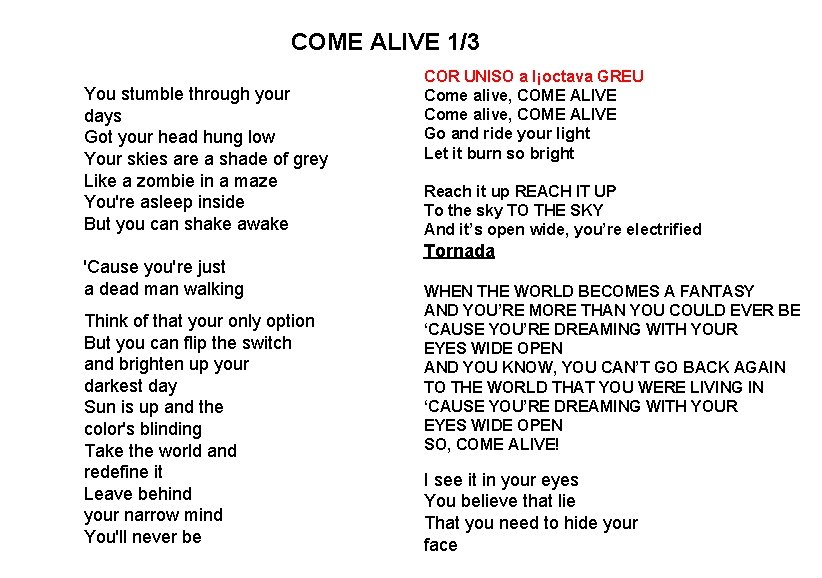 COME ALIVE 1/3 You stumble through your days Got your head hung low Your