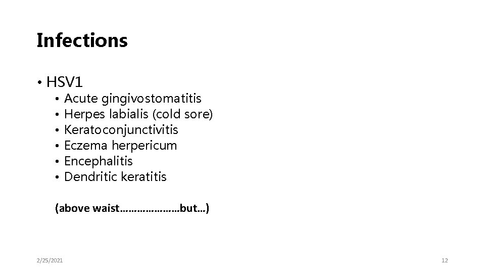 Infections • HSV 1 • • • Acute gingivostomatitis Herpes labialis (cold sore) Keratoconjunctivitis