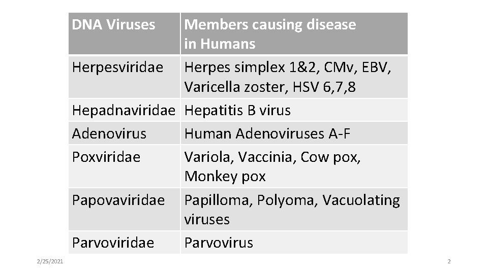 DNA Viruses Members causing disease in Humans Herpesviridae Herpes simplex 1&2, CMv, EBV, Varicella