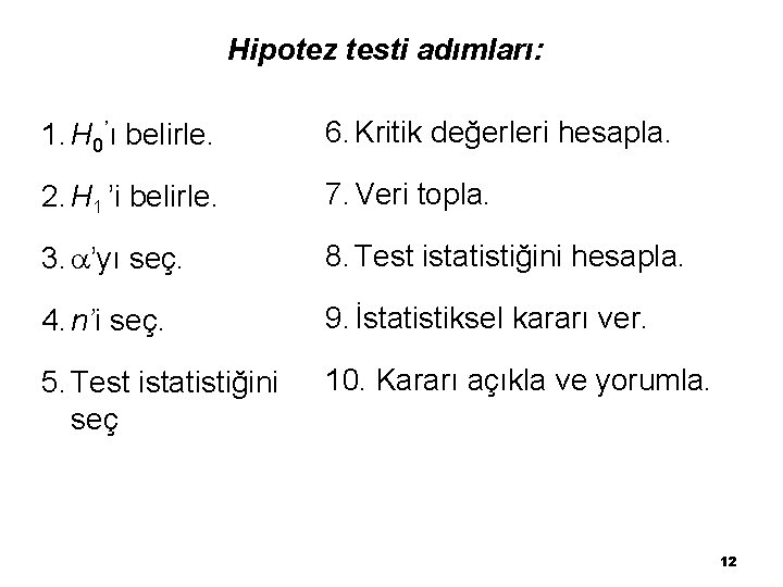 Hipotez testi adımları: 1. H 0’ı belirle. 6. Kritik değerleri hesapla. 2. H 1