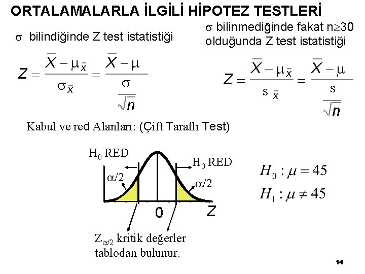 ORTALAMALARLA İLGİLİ HİPOTEZ TESTLERİ bilindiğinde Z test istatistiği Z X x x bilinmediğinde fakat