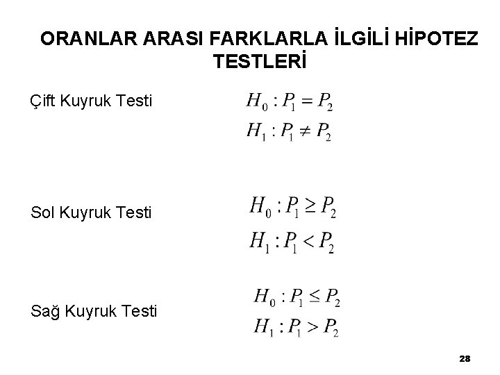 ORANLAR ARASI FARKLARLA İLGİLİ HİPOTEZ TESTLERİ Çift Kuyruk Testi Sol Kuyruk Testi Sağ Kuyruk