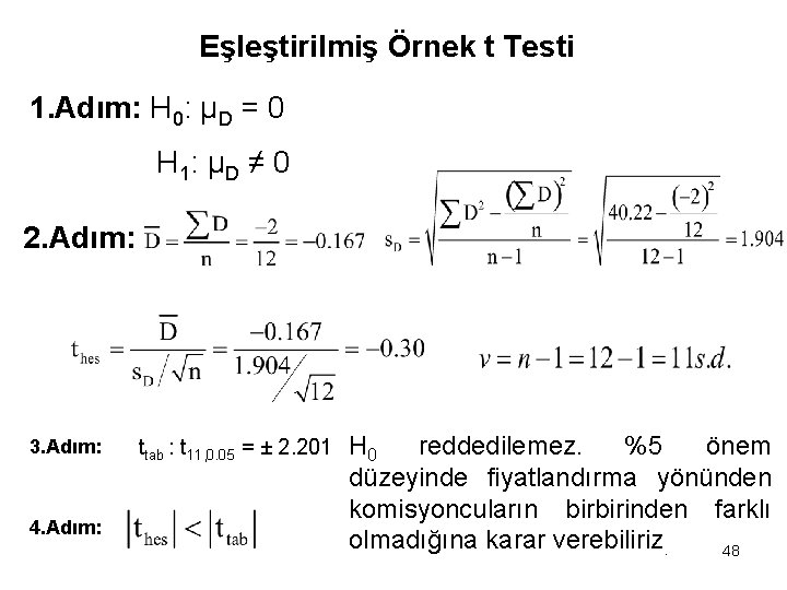 Eşleştirilmiş Örnek t Testi 1. Adım: H 0: μD = 0 H 1: μ