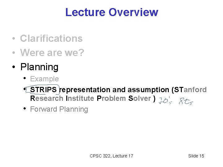Lecture Overview • Clarifications • Were are we? • Planning • Example • STRIPS