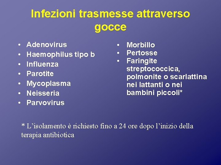 Infezioni trasmesse attraverso gocce • • Adenovirus Haemophilus tipo b Influenza Parotite Mycoplasma Neisseria