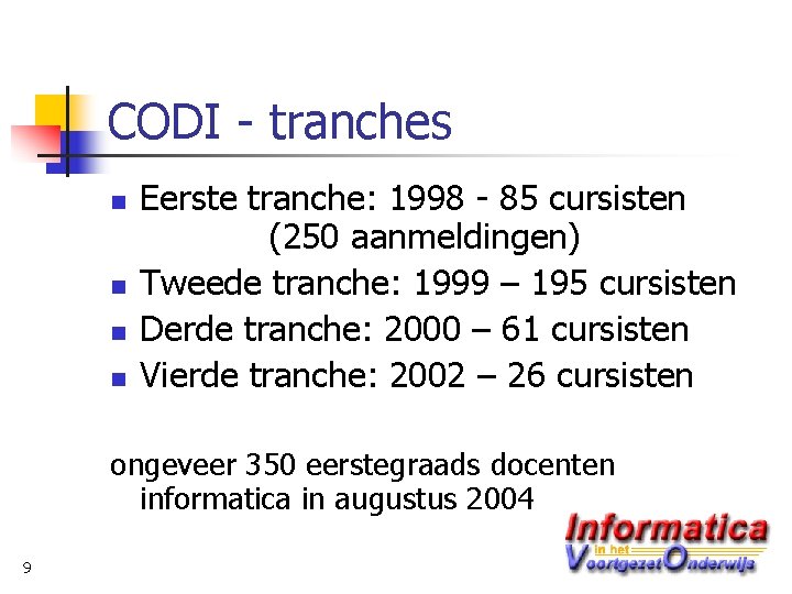 CODI - tranches n n Eerste tranche: 1998 - 85 cursisten (250 aanmeldingen) Tweede