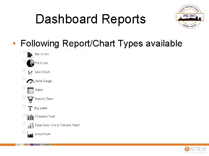 Dashboard Reports • Following Report/Chart Types available 