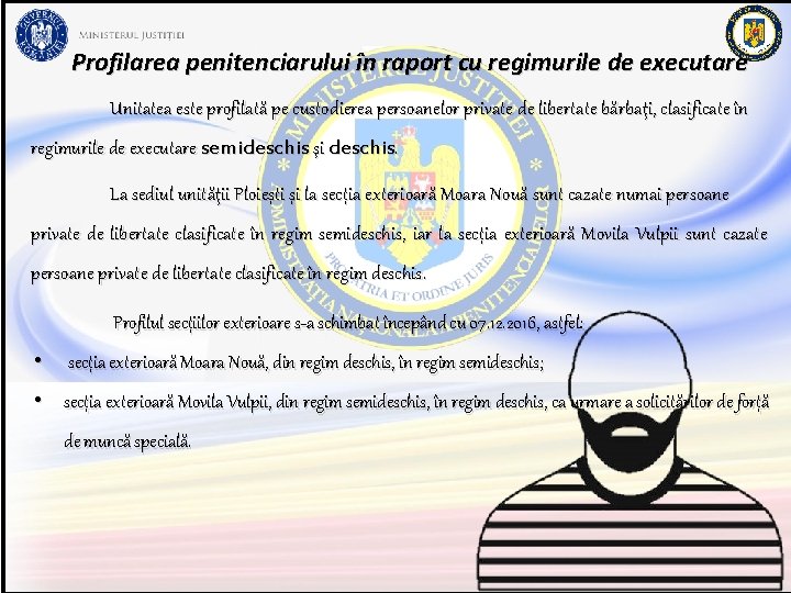 Profilarea penitenciarului în raport cu regimurile de executare Unitatea este profilată pe custodierea persoanelor