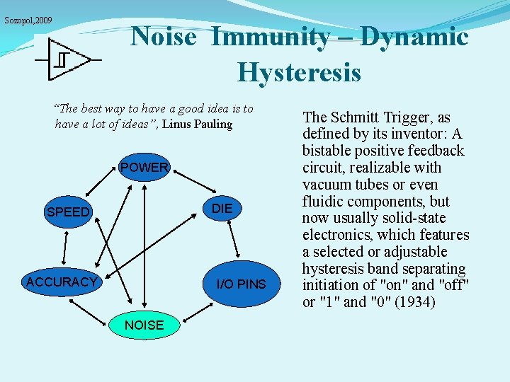 Sozopol, 2009 Noise Immunity – Dynamic Hysteresis “The best way to have a good