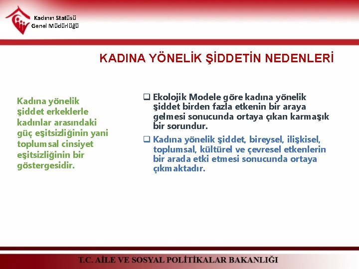 Kadının Statüsü Genel Müdürlüğü KADINA YÖNELİK ŞİDDETİN NEDENLERİ Kadına yönelik şiddet erkeklerle kadınlar arasındaki