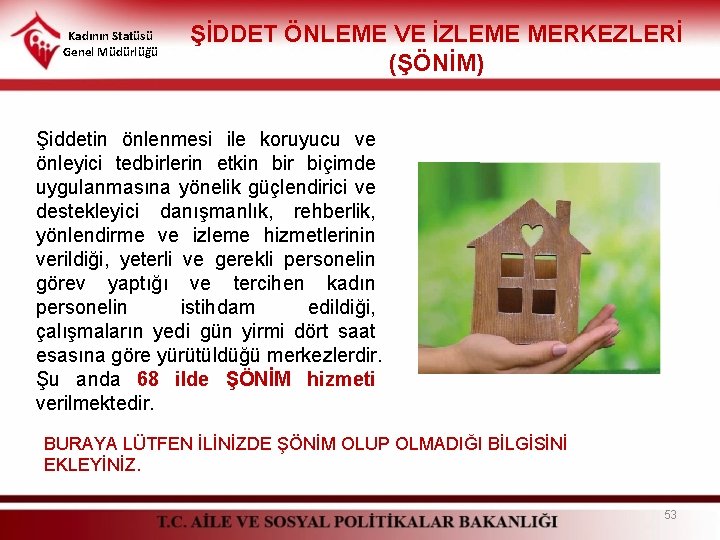 Kadının Statüsü Genel Müdürlüğü ŞİDDET ÖNLEME VE İZLEME MERKEZLERİ (ŞÖNİM) Şiddetin önlenmesi ile koruyucu