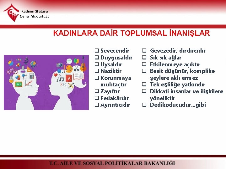 Kadının Statüsü Genel Müdürlüğü KADINLARA DAİR TOPLUMSAL İNANIŞLAR q Sevecendir q Duygusaldır q Uysaldır