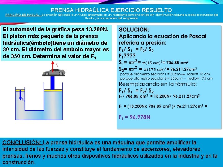 PRENSA HIDRAÚLICA EJERCICIO RESUELTO PRINCIPIO DE PASCAL : La presión aplicada a un fluido