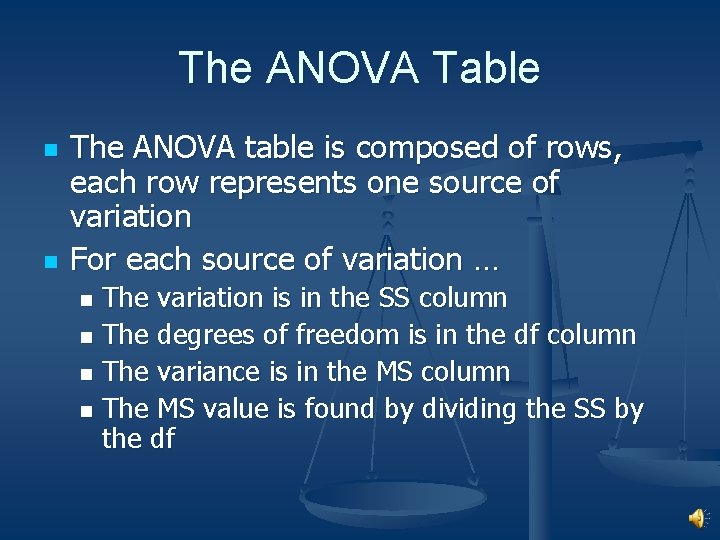 The ANOVA Table n n The ANOVA table is composed of rows, each row