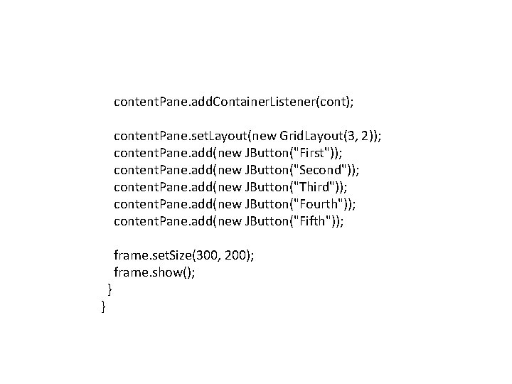  content. Pane. add. Container. Listener(cont); content. Pane. set. Layout(new Grid. Layout(3, 2)); content.