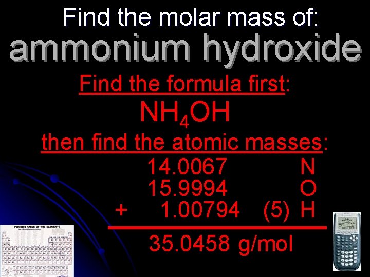 Find the molar mass of: ammonium hydroxide Find the formula first: NH 4 OH