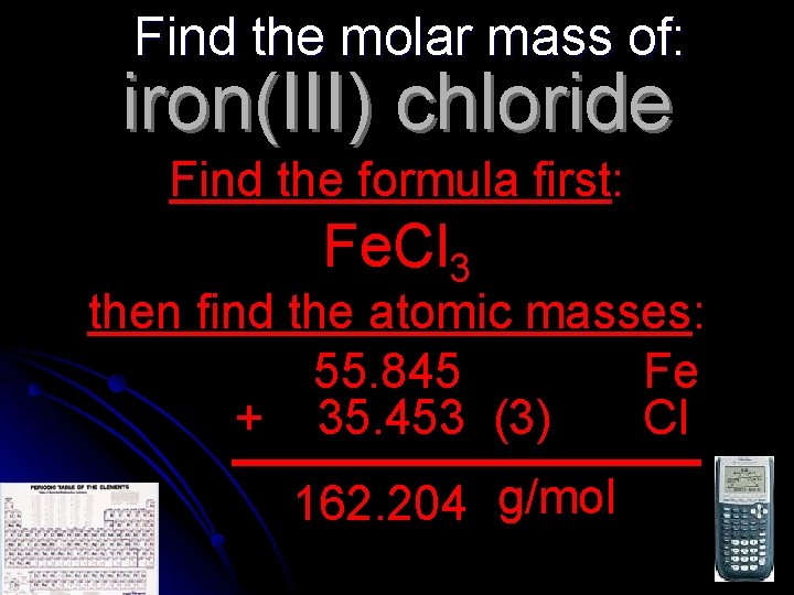 Find the molar mass of: iron(III) chloride Find the formula first: Fe. Cl 3