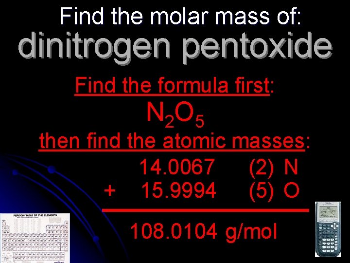 Find the molar mass of: dinitrogen pentoxide Find the formula first: N 2 O