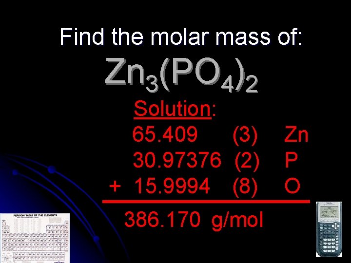 Find the molar mass of: Zn 3(PO 4)2 Solution: 65. 409 (3) 30. 97376