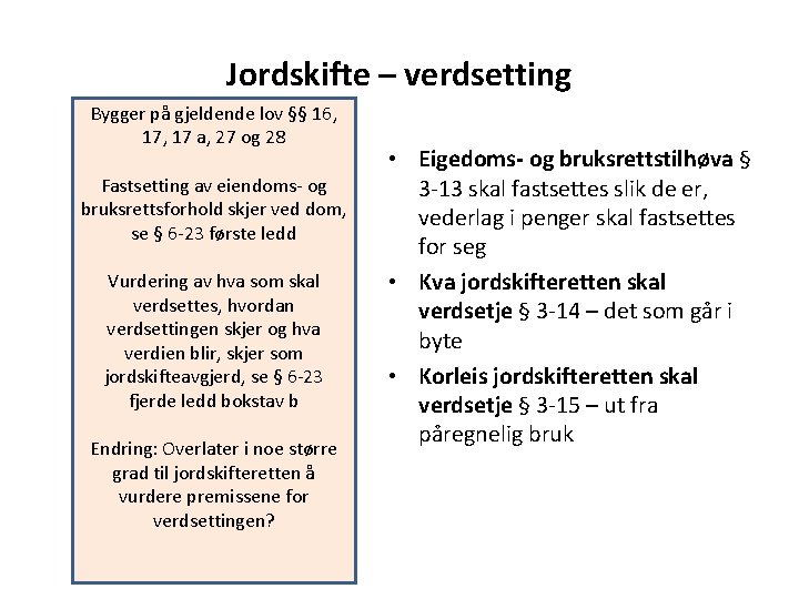 Jordskifte – verdsetting Bygger på gjeldende lov §§ 16, 17, 17 a, 27 og
