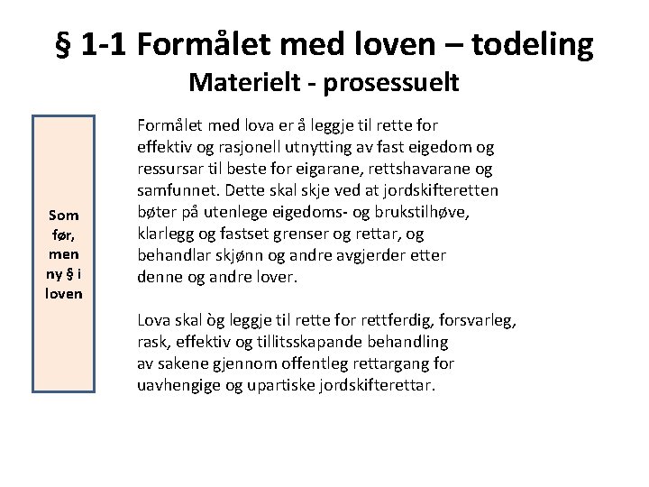 § 1 -1 Formålet med loven – todeling Materielt - prosessuelt Som før, men