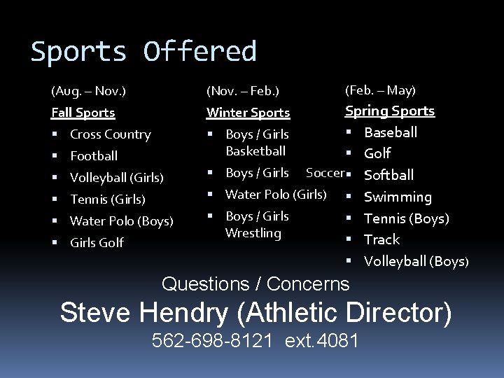 Sports Offered (Aug. – Nov. ) (Nov. – Feb. ) Fall Sports Winter Sports
