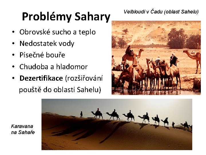 Problémy Sahary • • • Obrovské sucho a teplo Nedostatek vody Písečné bouře Chudoba