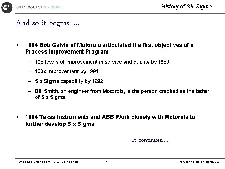 History of Six Sigma And so it begins…. . • 1984 Bob Galvin of