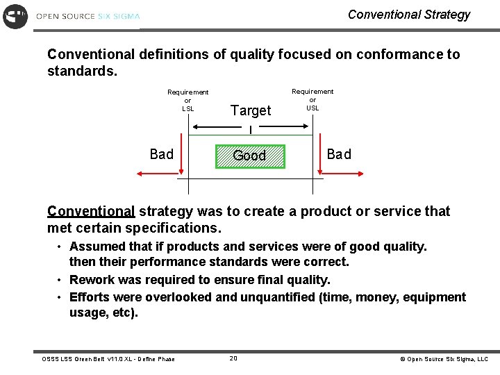 Conventional Strategy Conventional definitions of quality focused on conformance to standards. Requirement or LSL