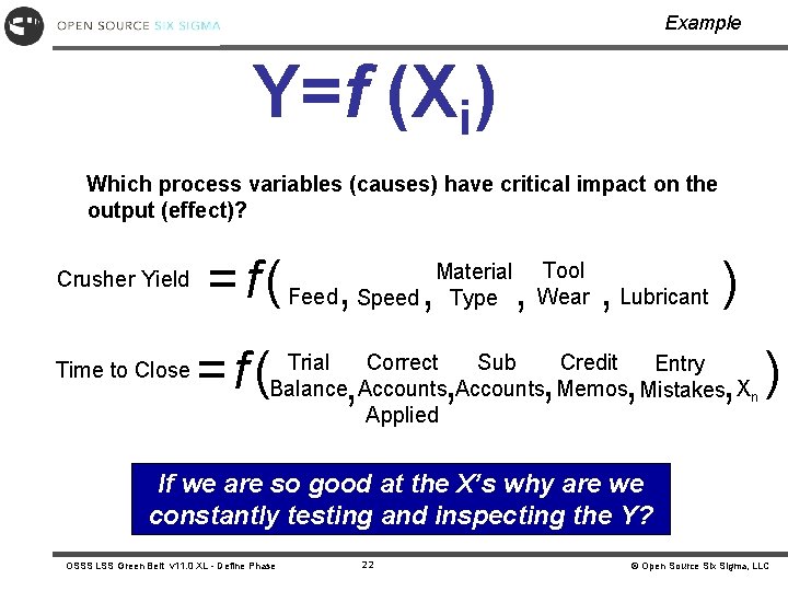 Example Y=f (Xi) Which process variables (causes) have critical impact on the output (effect)?