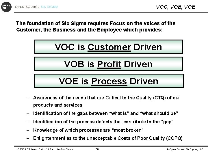 VOC, VOB, VOE The foundation of Six Sigma requires Focus on the voices of