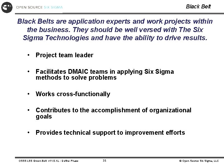 Black Belts are application experts and work projects within the business. They should be